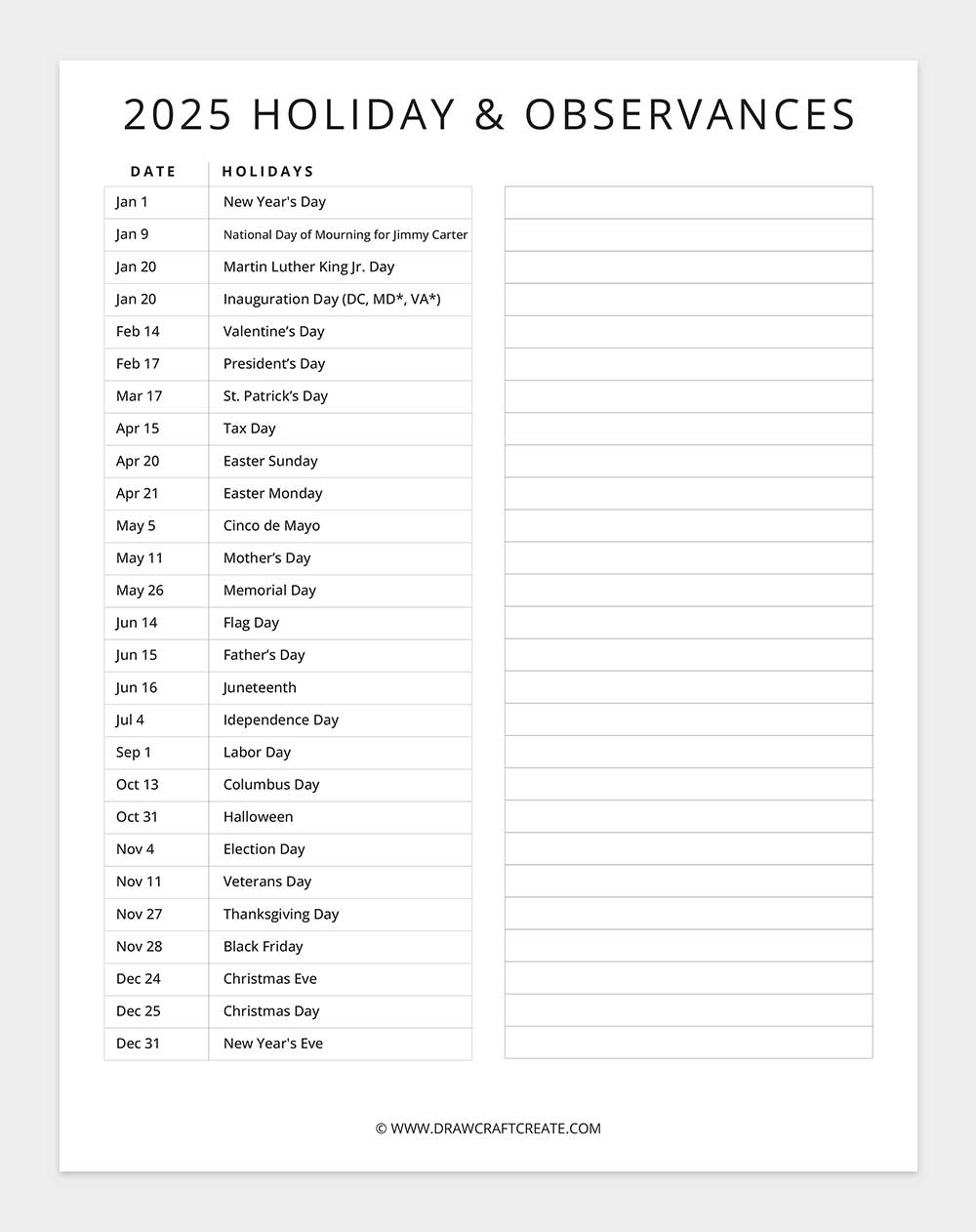2025 holiday calendar