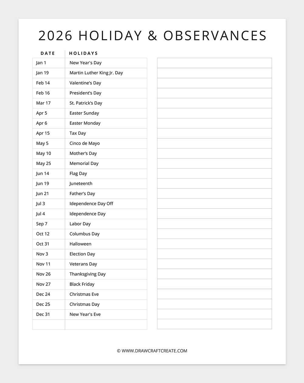 2026 holiday calendar