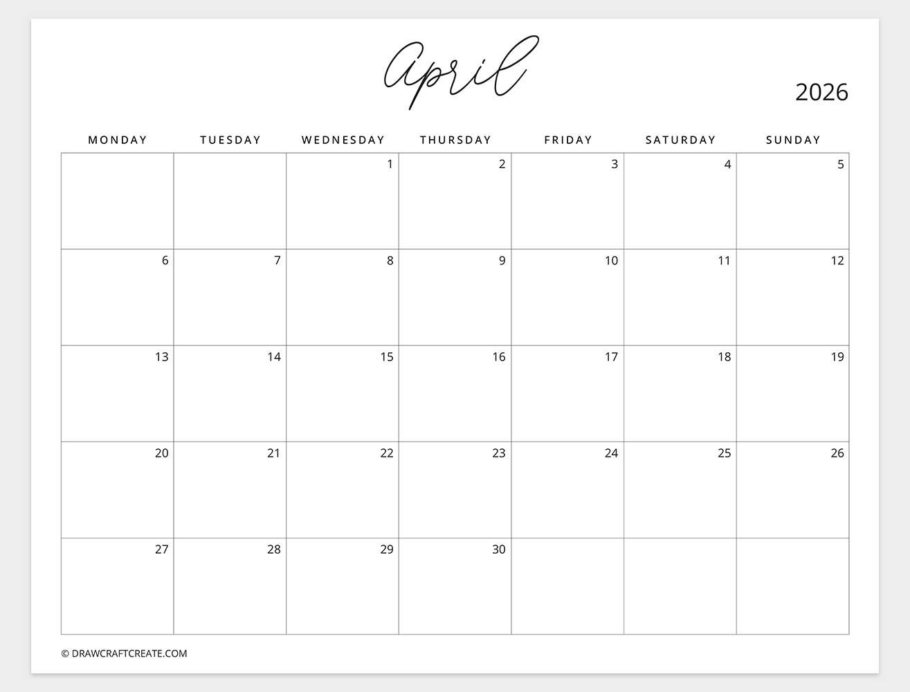 april 2026 calendar monday start