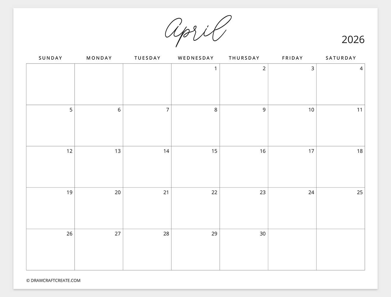 april 2026 calendar sunday start