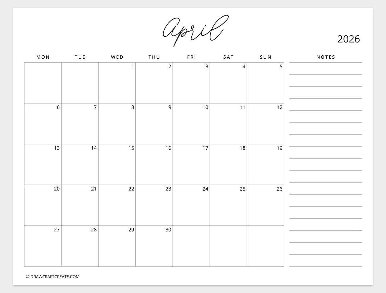 april 2026 calendar with note monday start