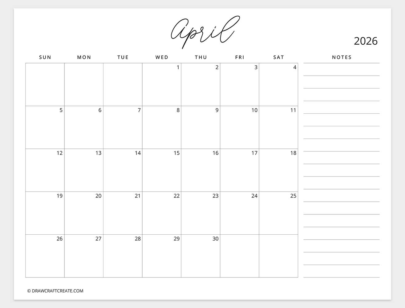 april 2026 calendar with note sunday start