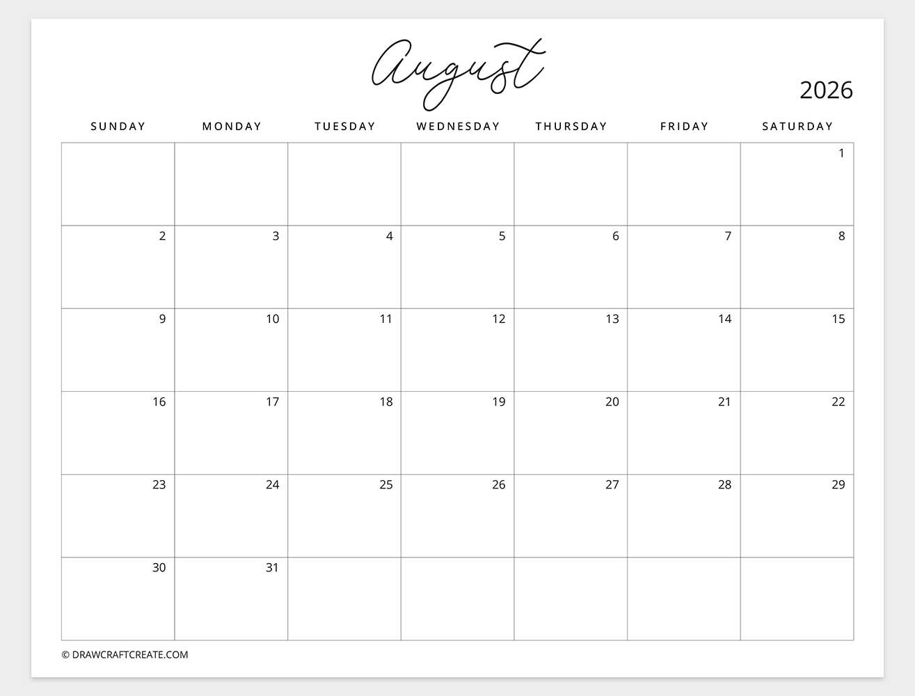 august 2026 calendar sunday start