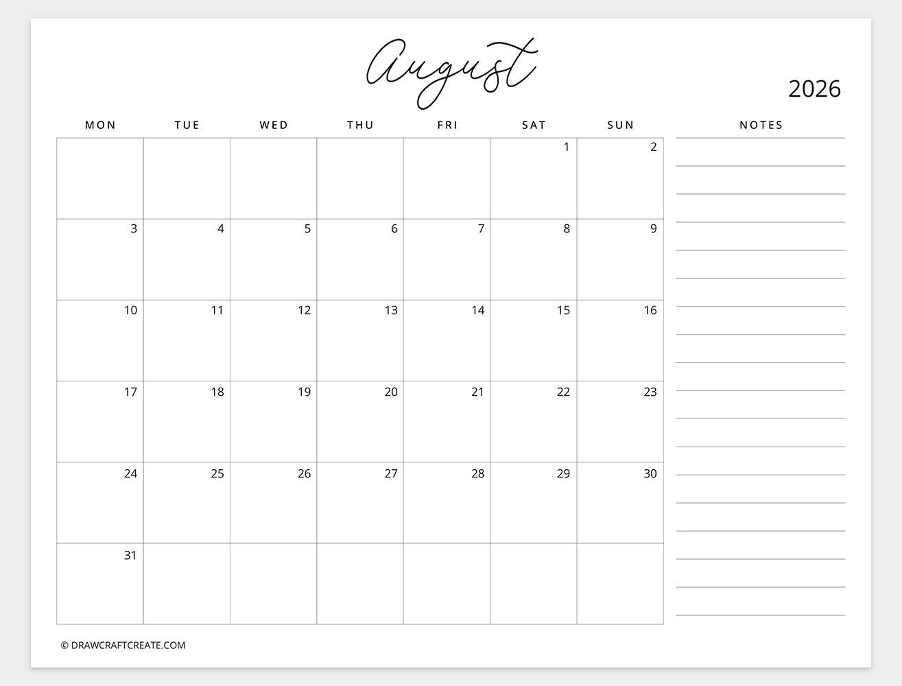 march 2026 calendar with note monday start