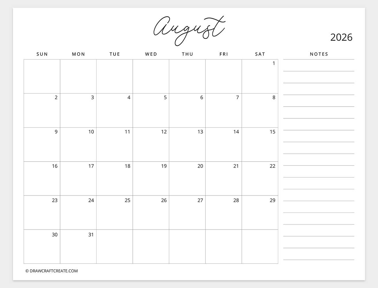 august 2026 calendar with note sunday start