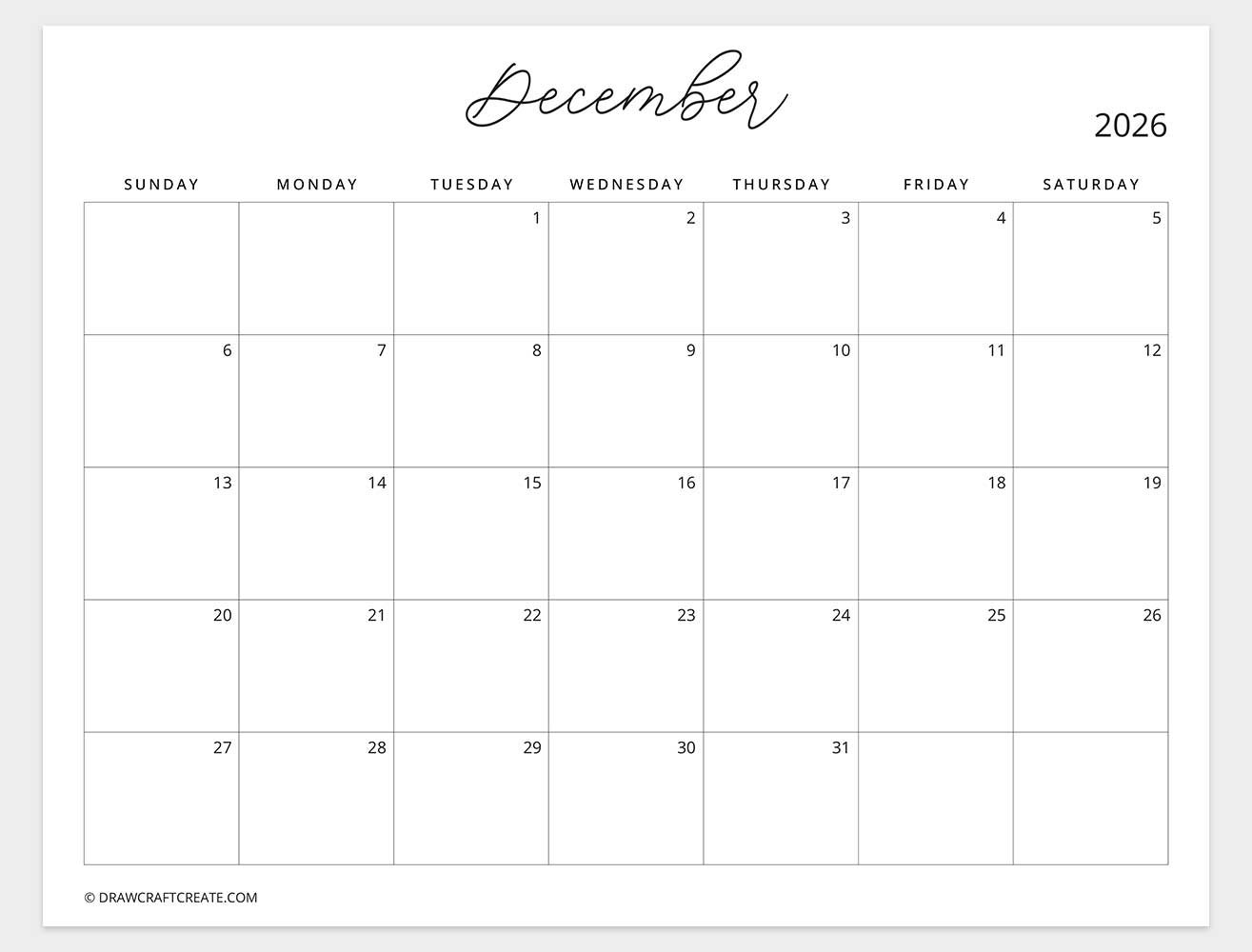 december 2026 calendar sunday start