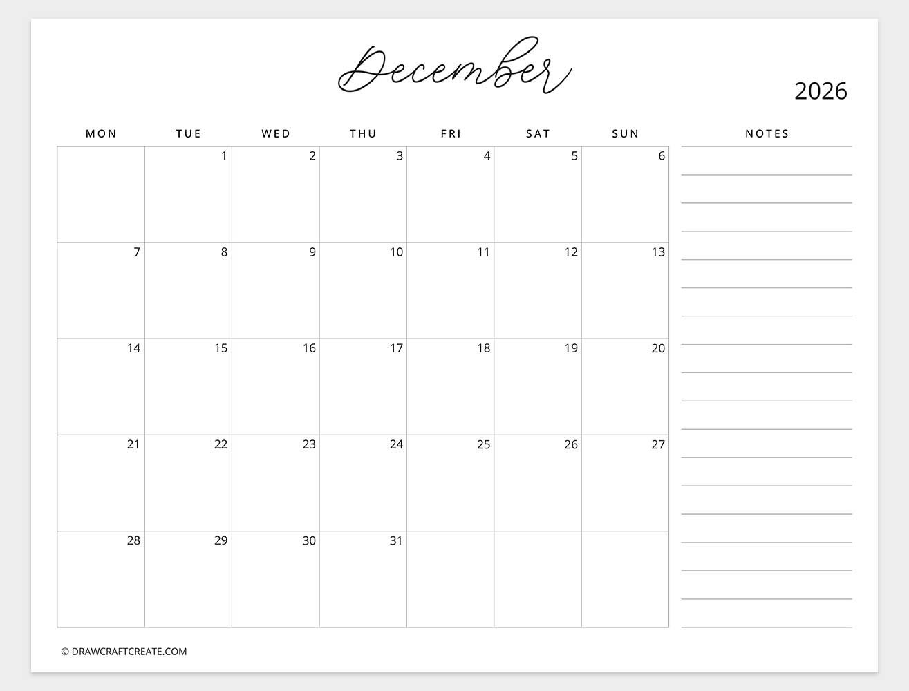 march 2026 calendar with note monday start