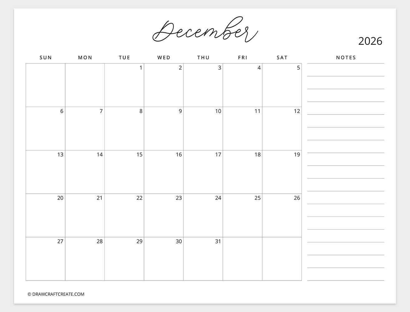 december 2026 calendar with note sunday start