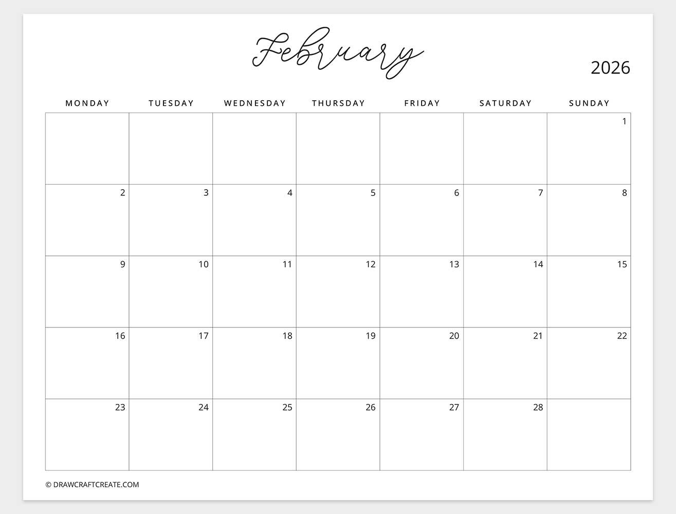 february 2026 calendar monday start