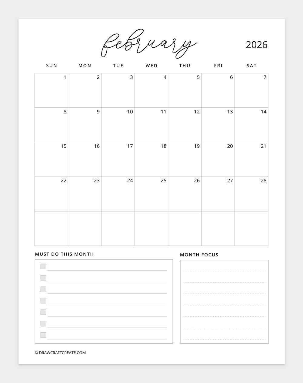 february 2026 calendar sunday start vertical with to do
