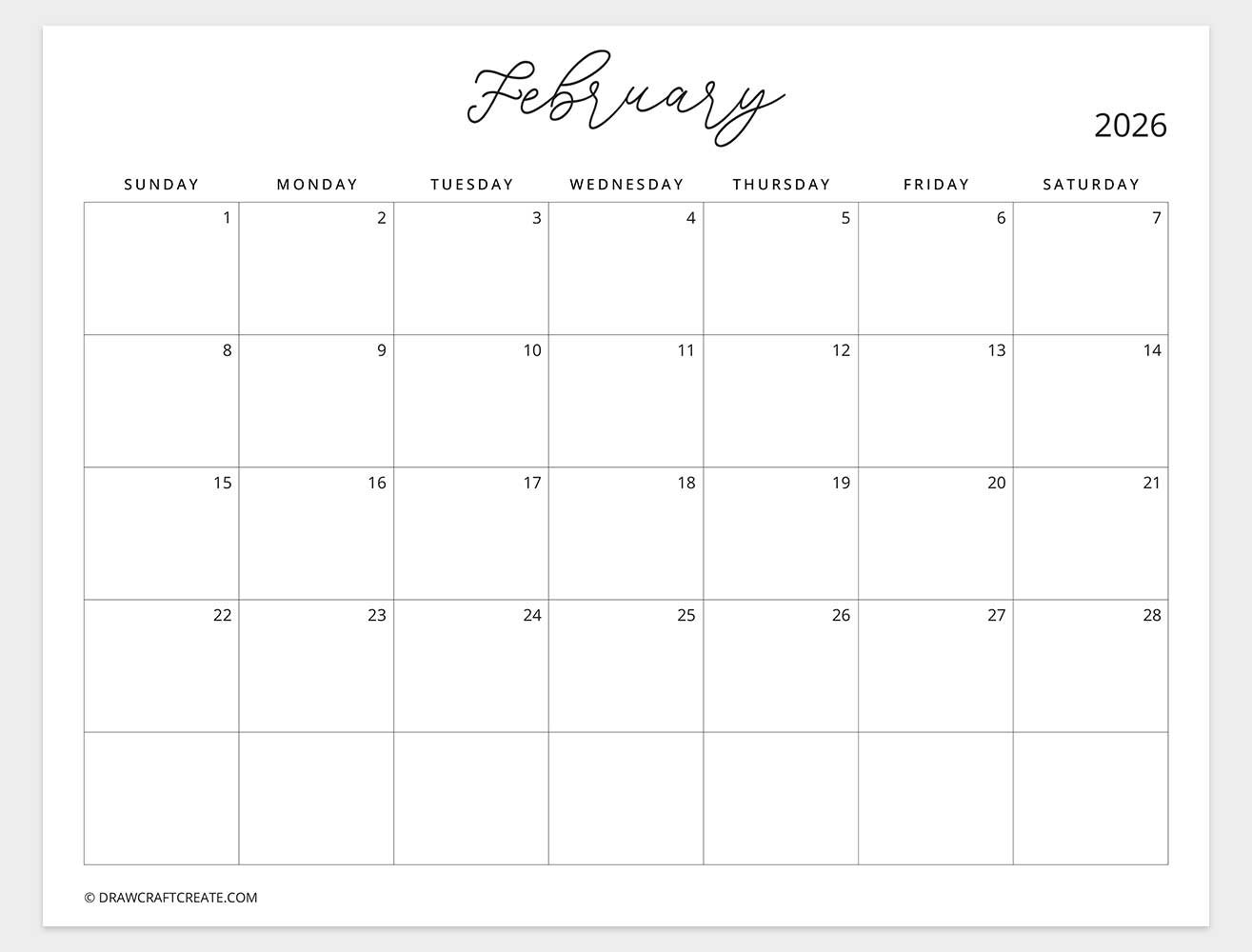february 2026 calendar sunday start