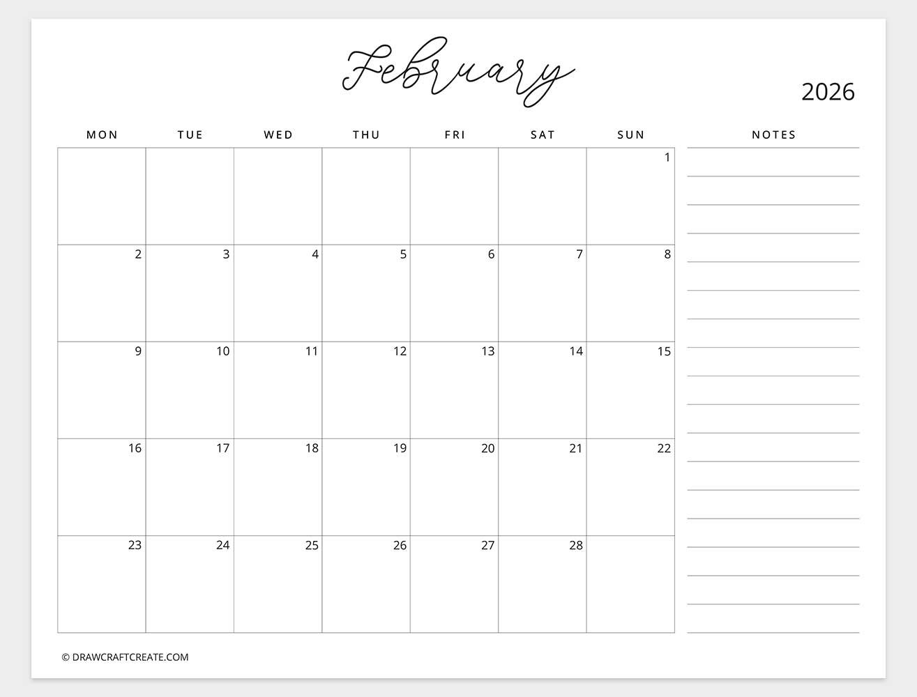february 2026 calendar with note monday start