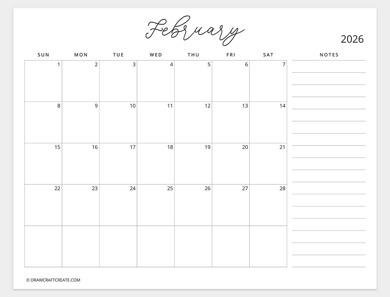 february 2026 calendar with note sunday start
