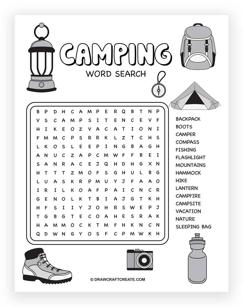 free printable Camping Word Search