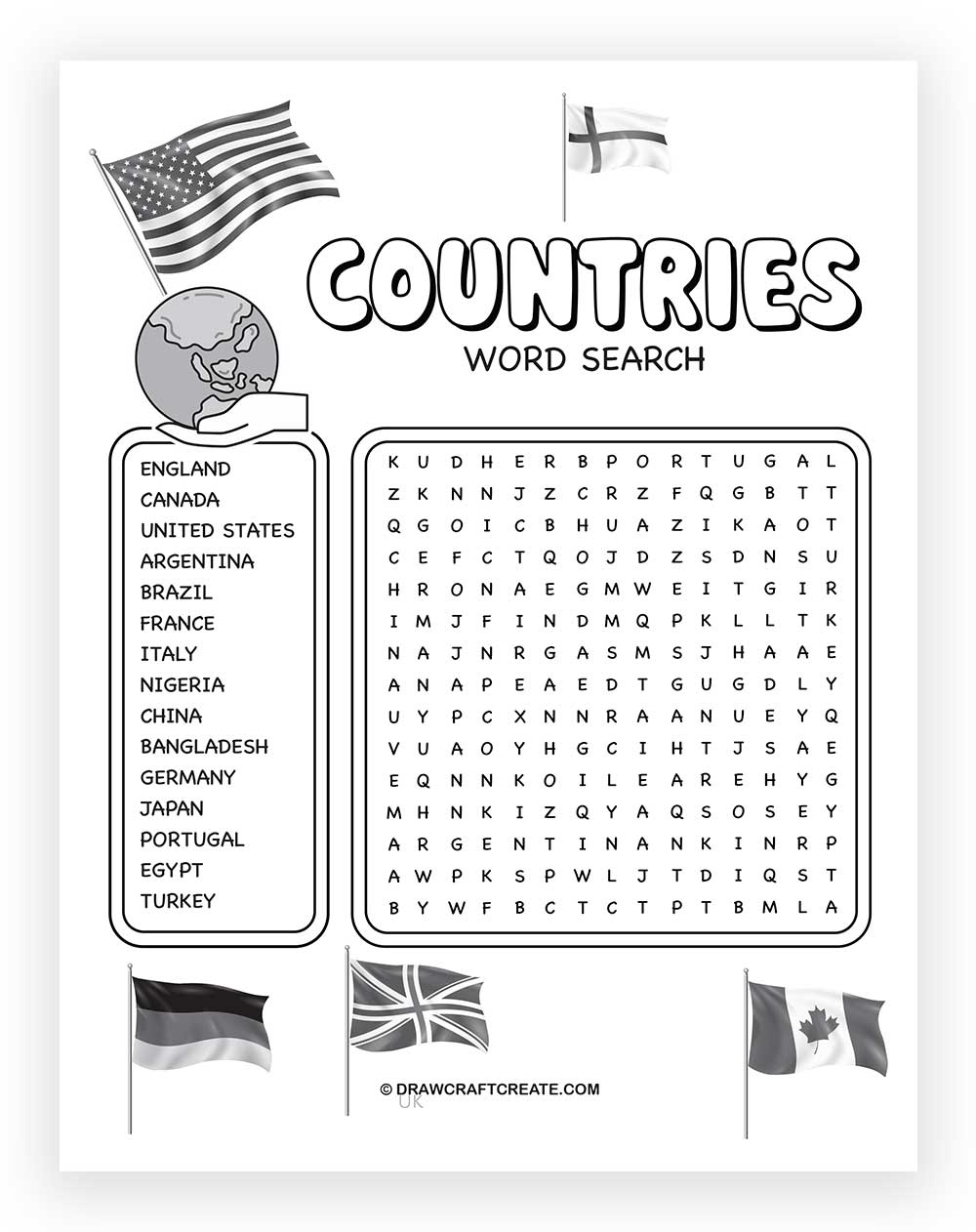 free printable countries word search