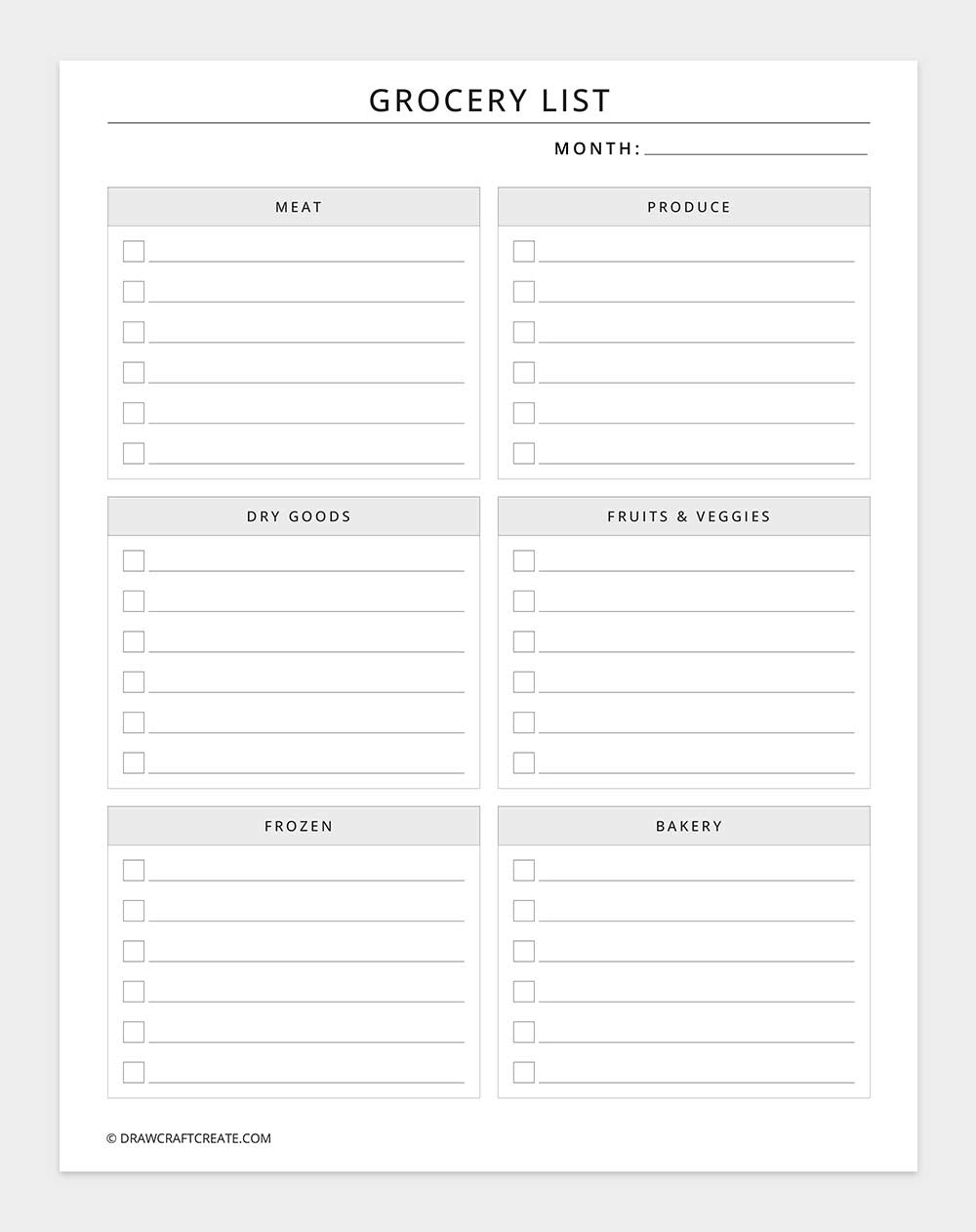 grocery list template printable