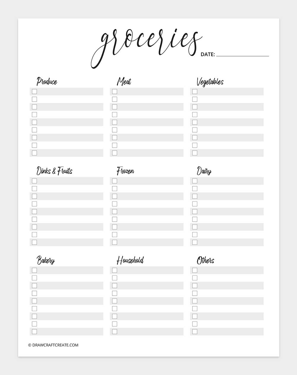 grocery list template printable