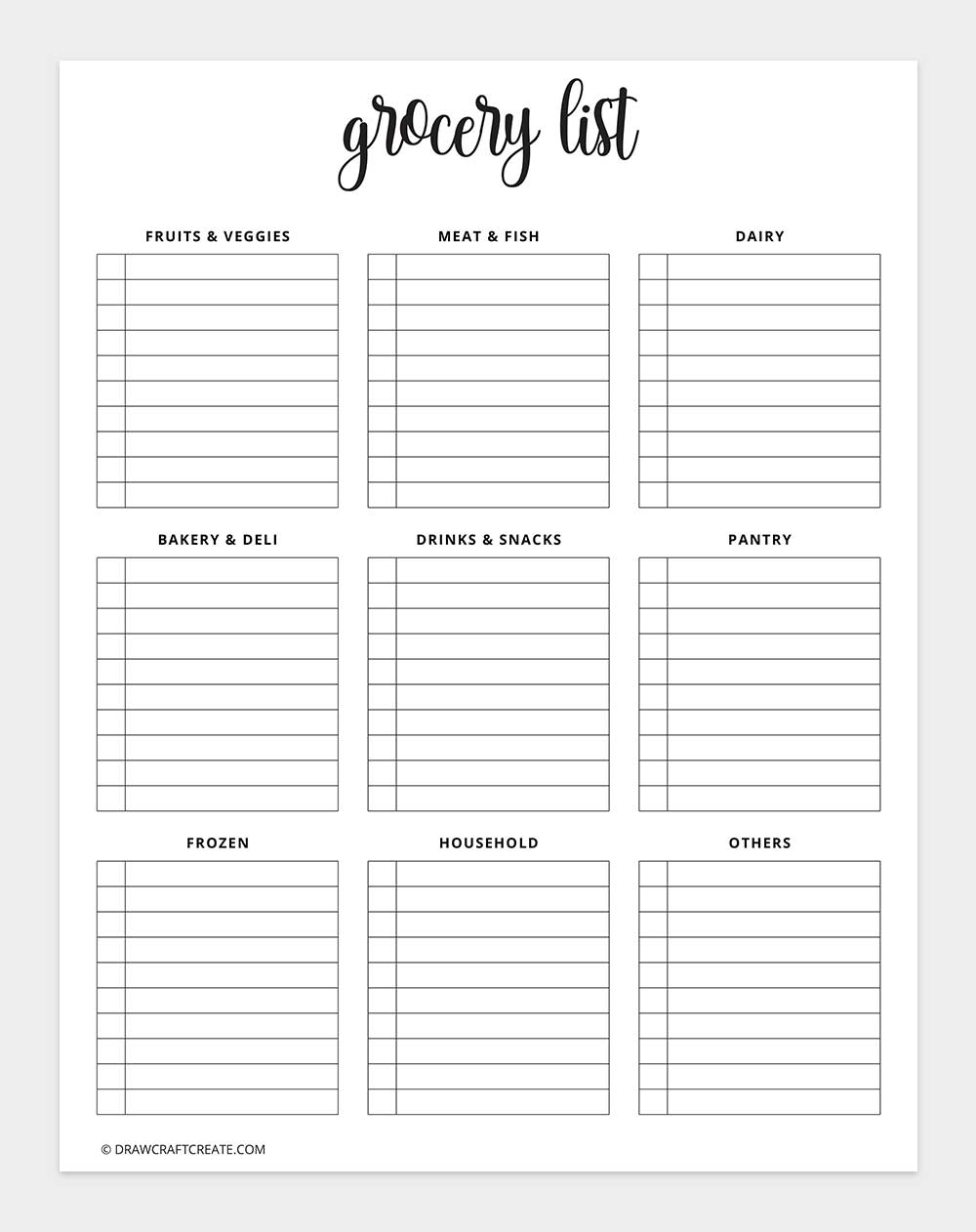 grocery list template printable