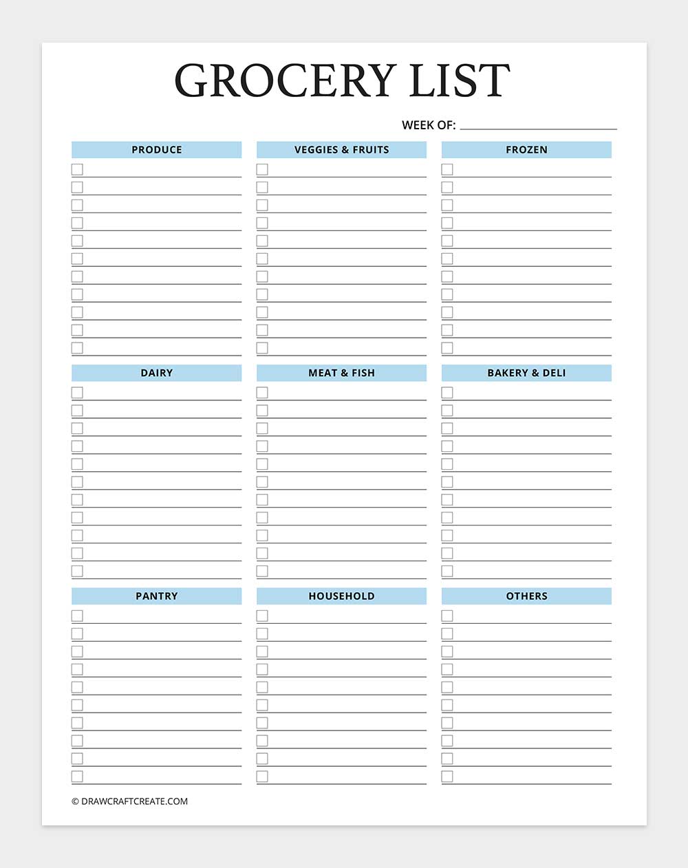 grocery list template printable