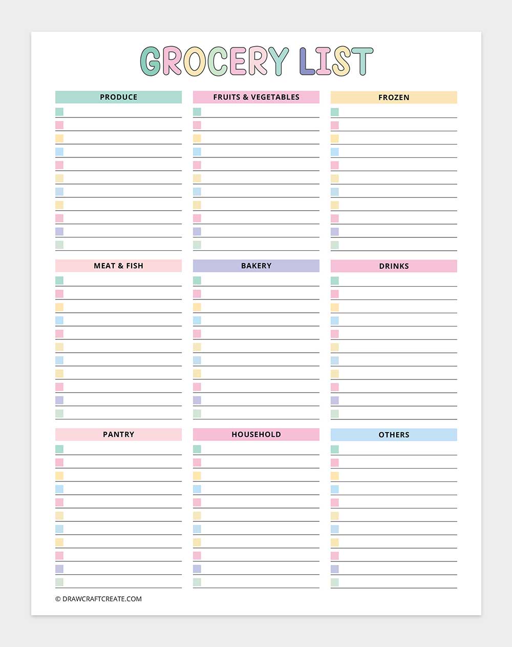 grocery list template printable