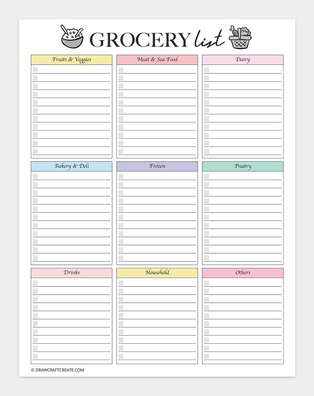 grocery list template printable