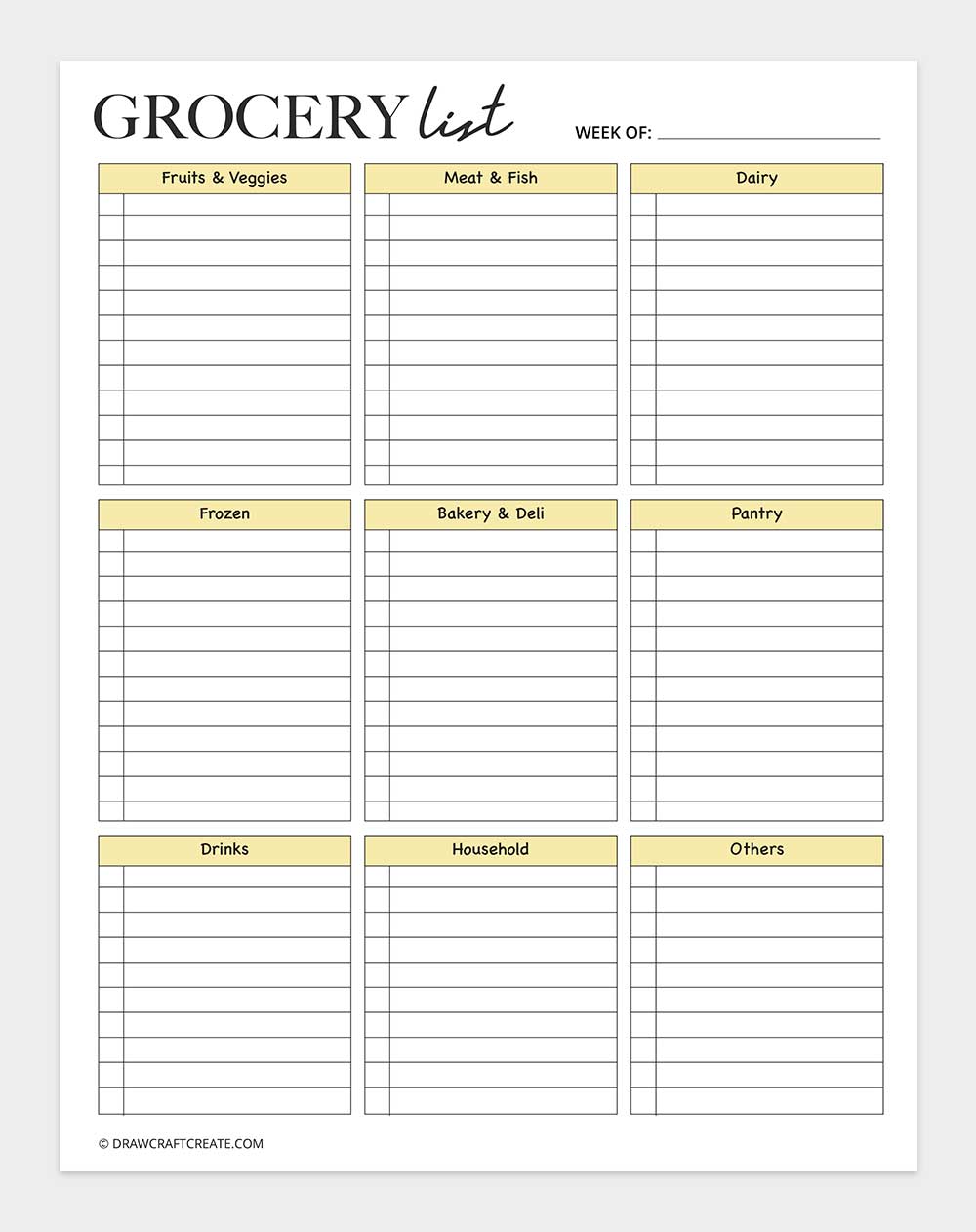 grocery list template printable