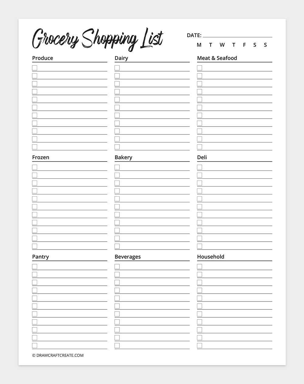 grocery list template printable