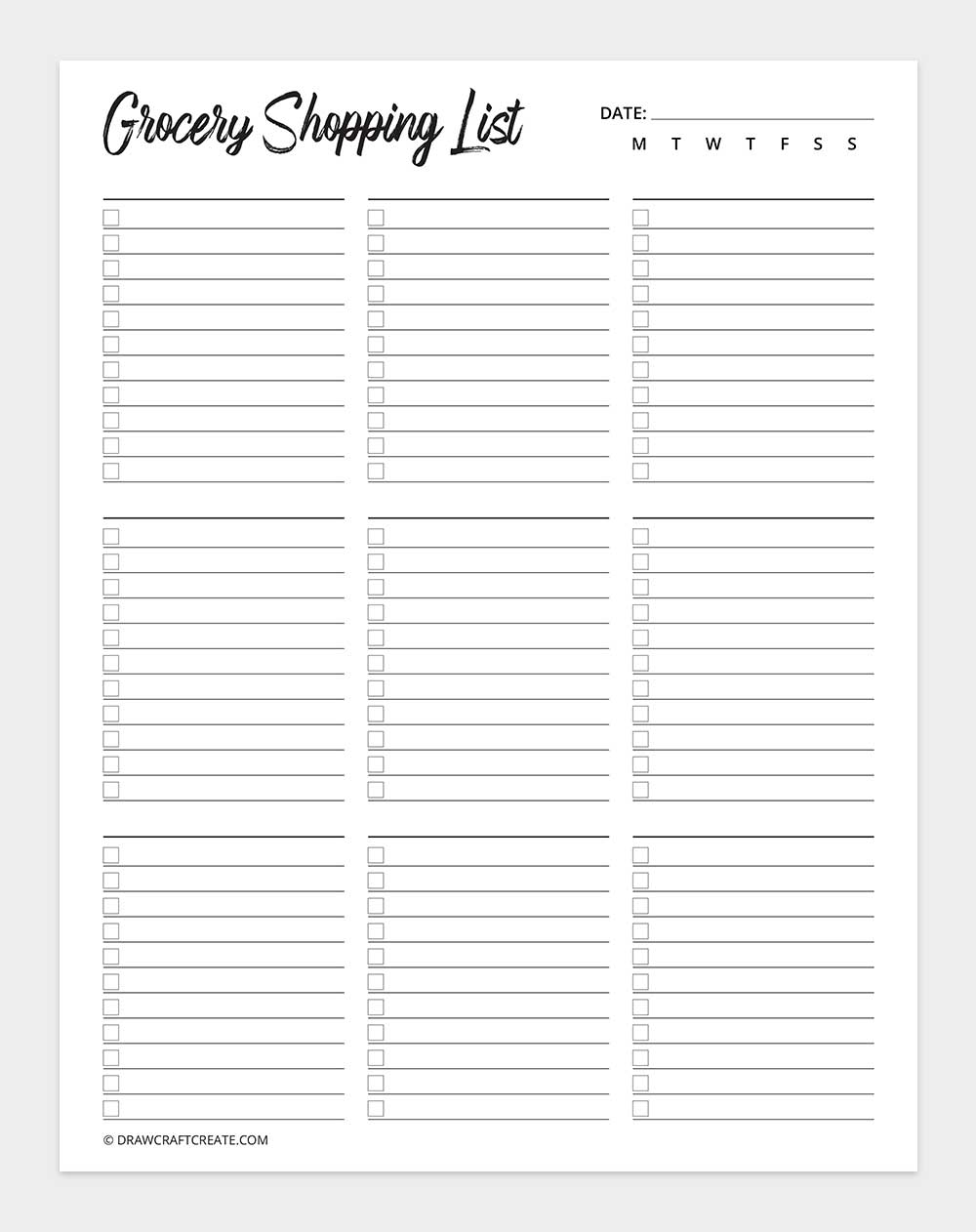 grocery list template printable
