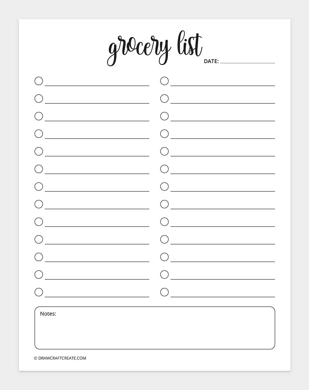 grocery list template printable