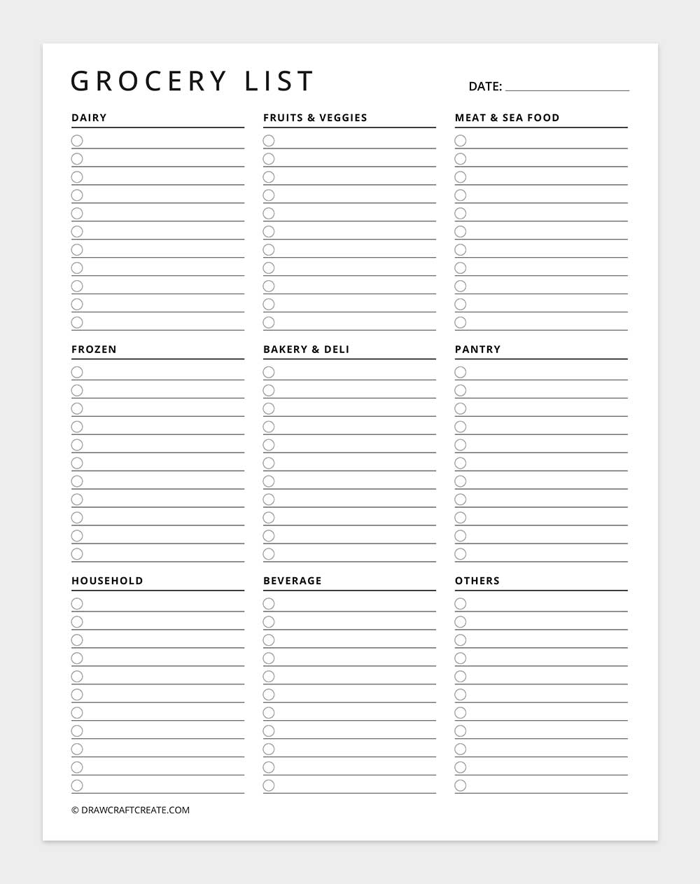 grocery list template printable