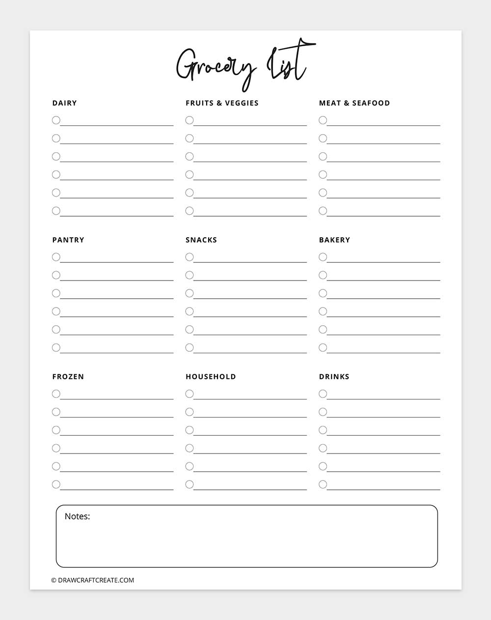 grocery list template printable