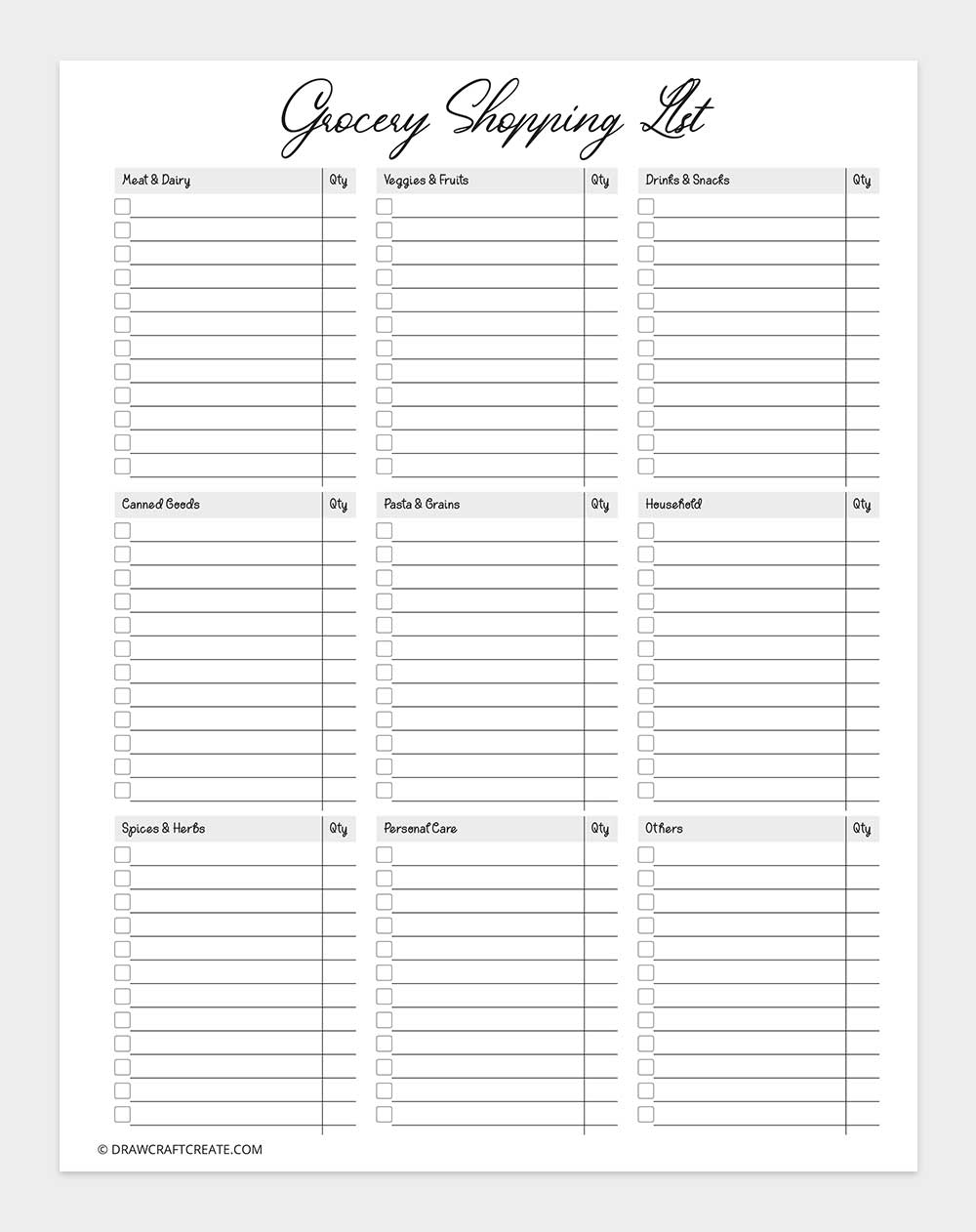 grocery list template printable