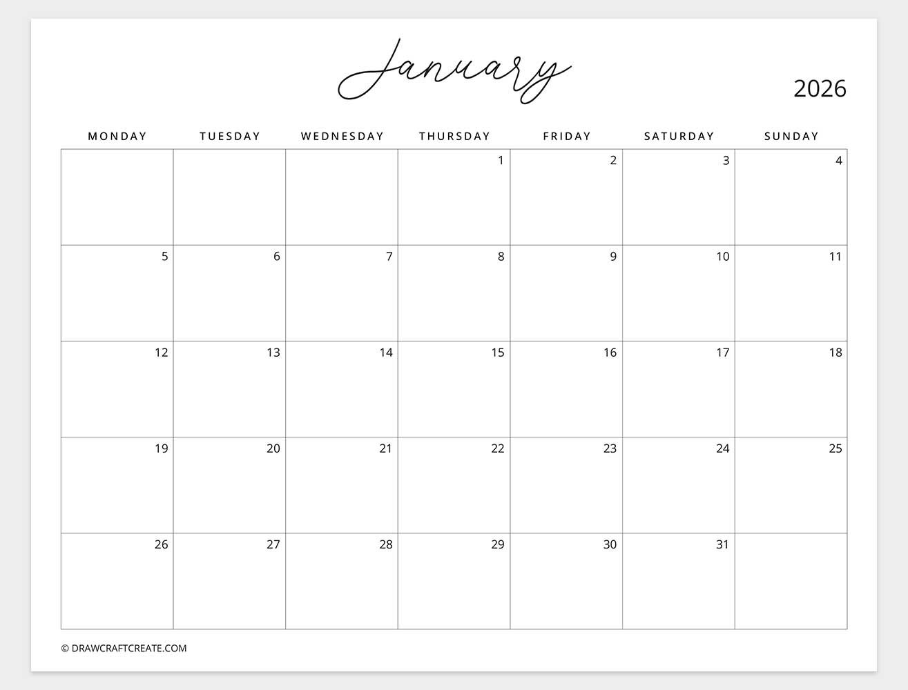 january 2026 calendar monday start