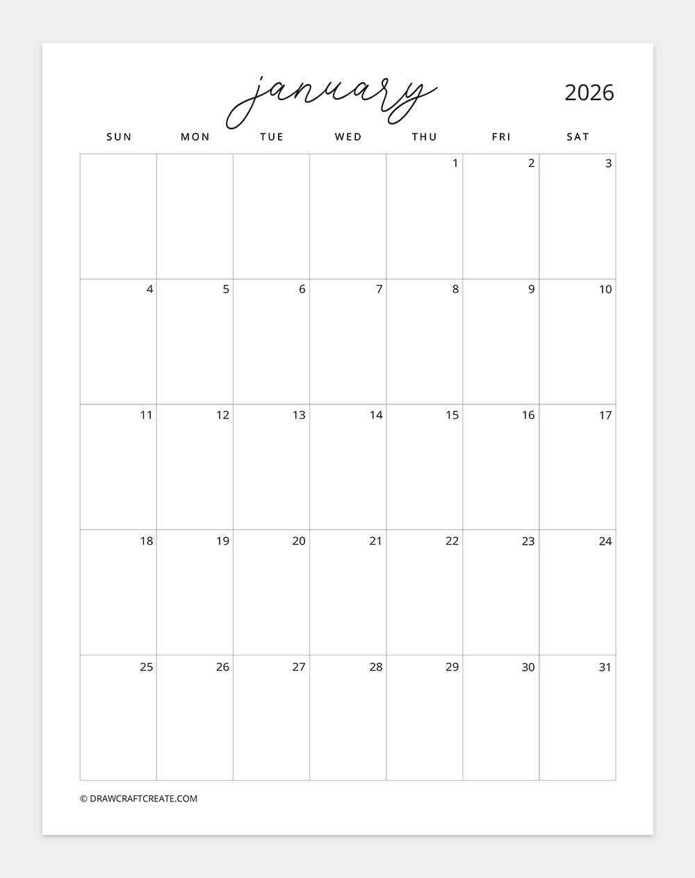 january 2026 calendar sunday start vertical