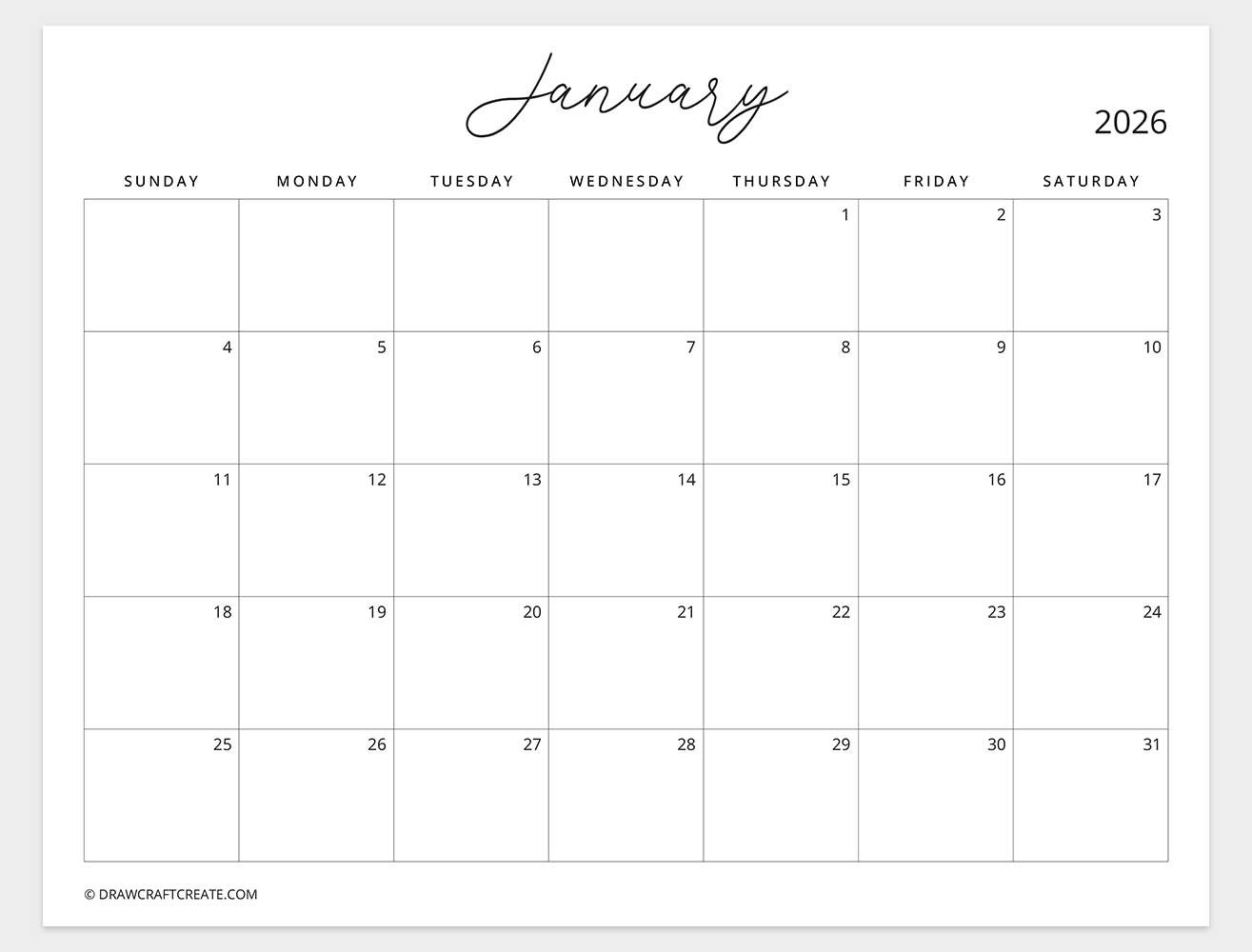january 2026 calendar sunday start