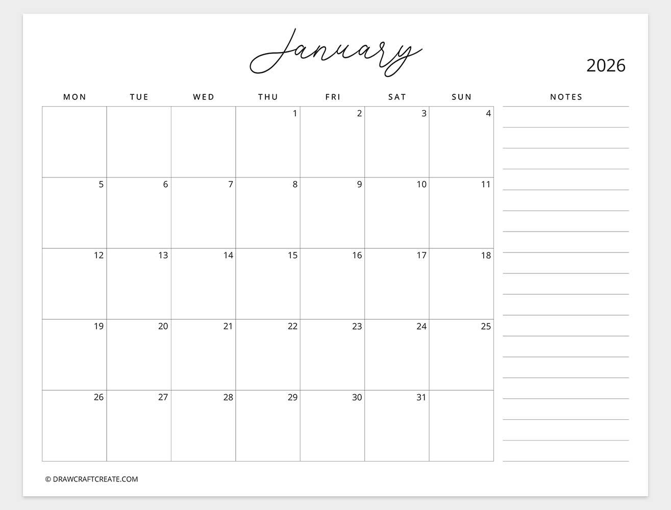 january 2026 calendar with note monday start