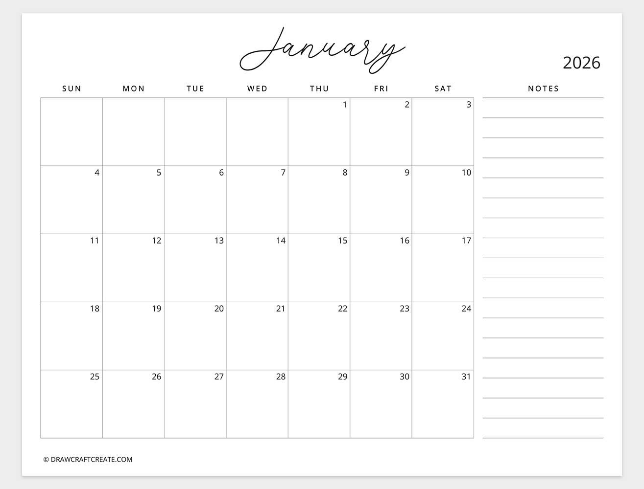 january 2026 calendar with note sunday start