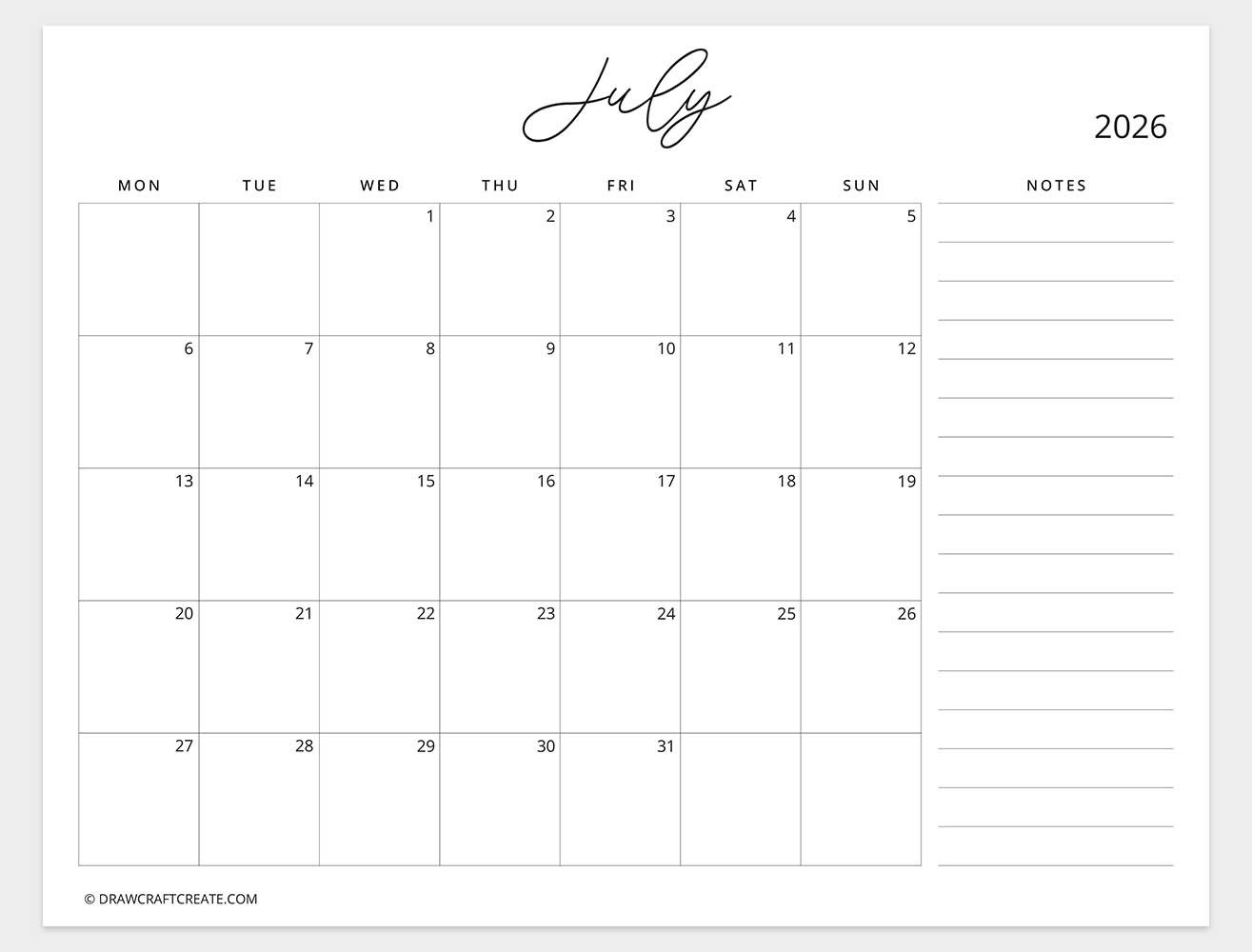 march 2026 calendar with note monday start