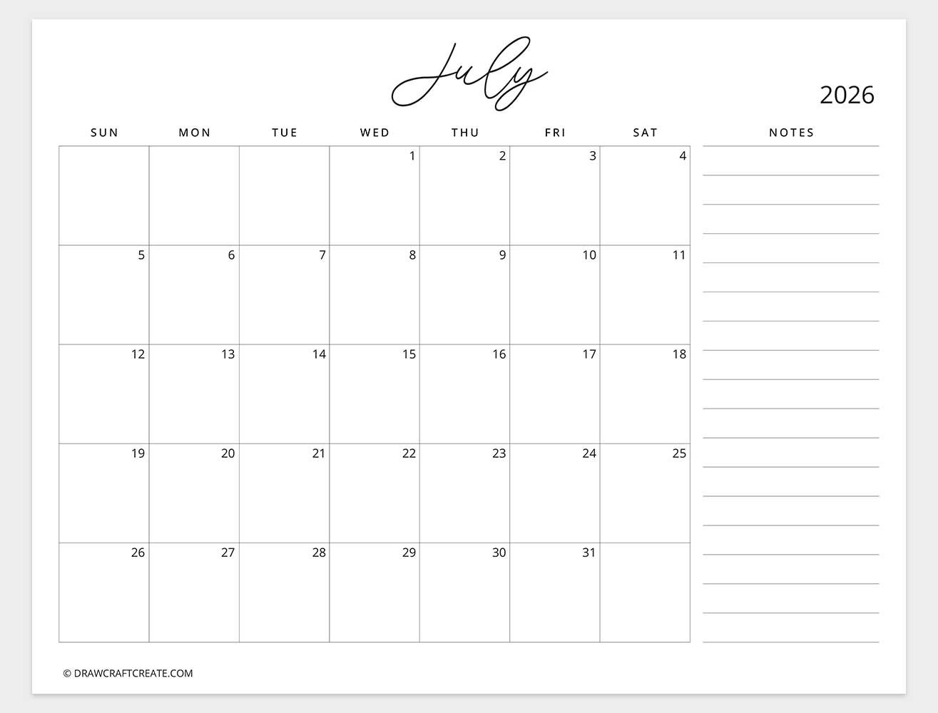 july 2026 calendar with note sunday start