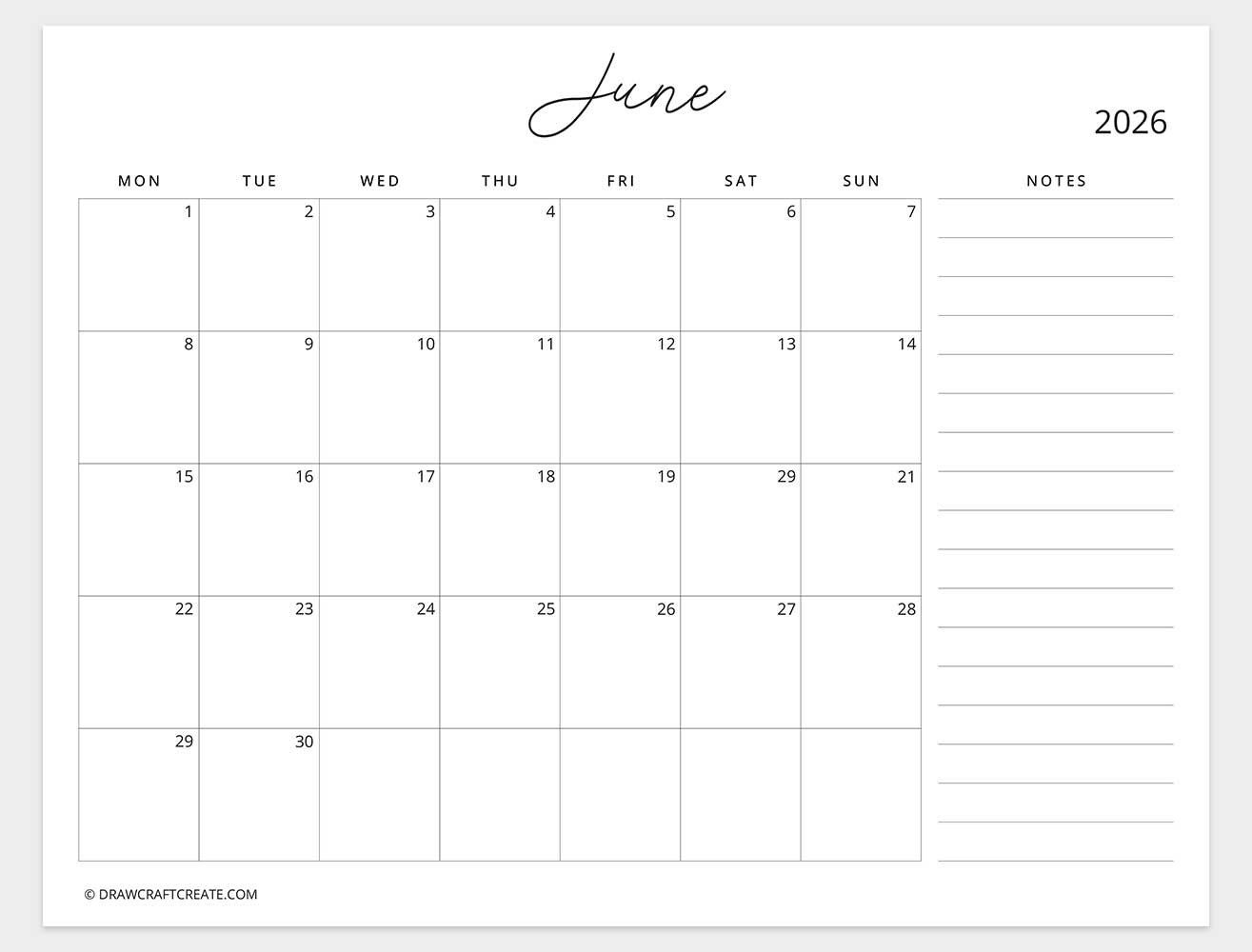 march 2026 calendar with note monday start