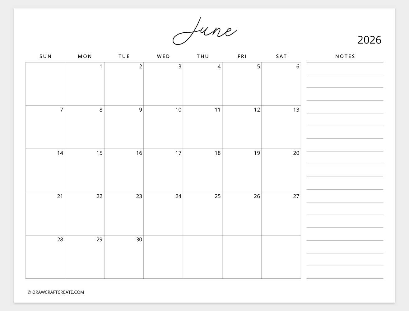 june 2026 calendar with note sunday start