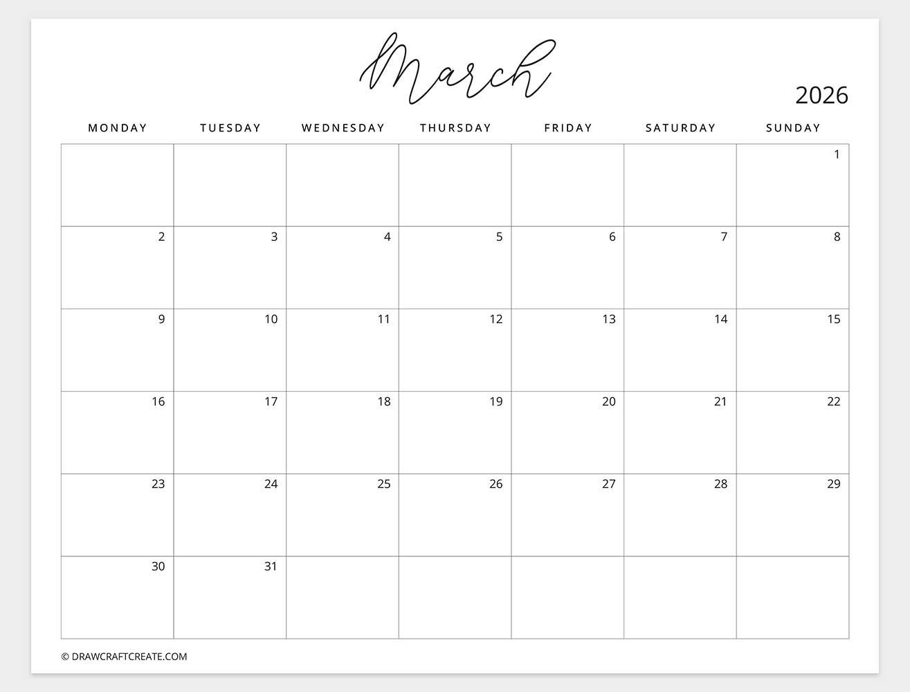 march 2026 calendar monday start