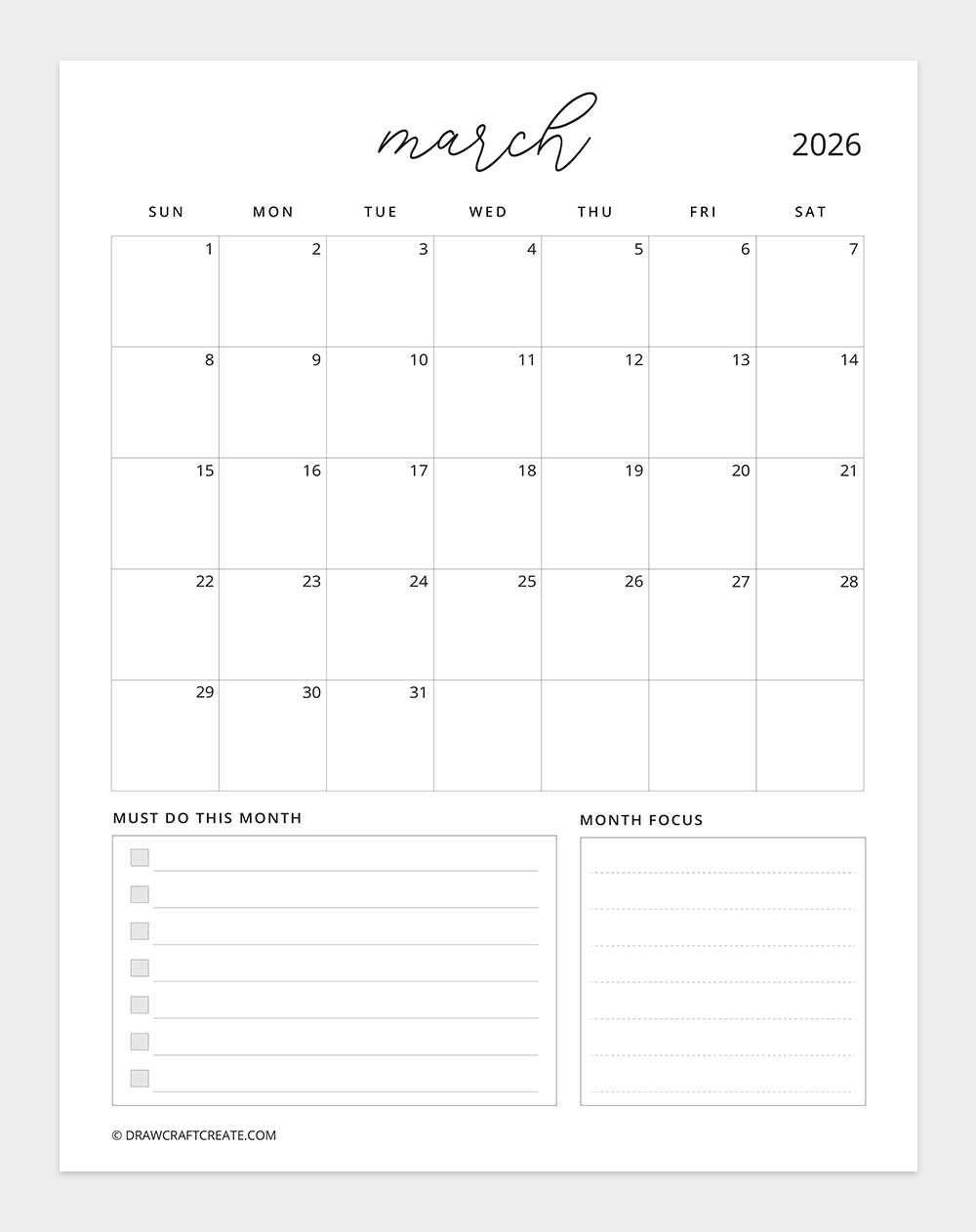 march 2026 calendar sunday start vertical with to do