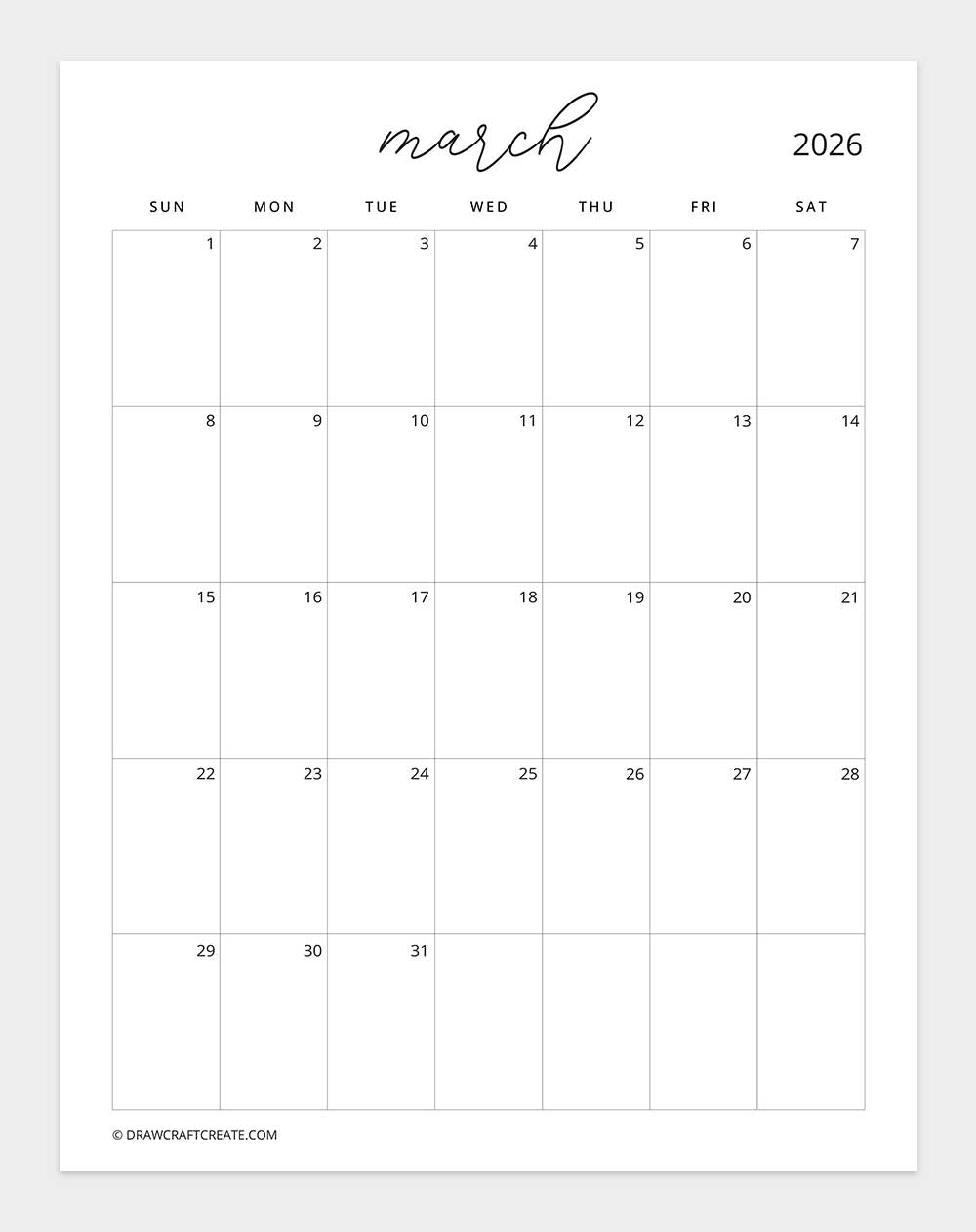 march 2026 calendar sunday start vertical