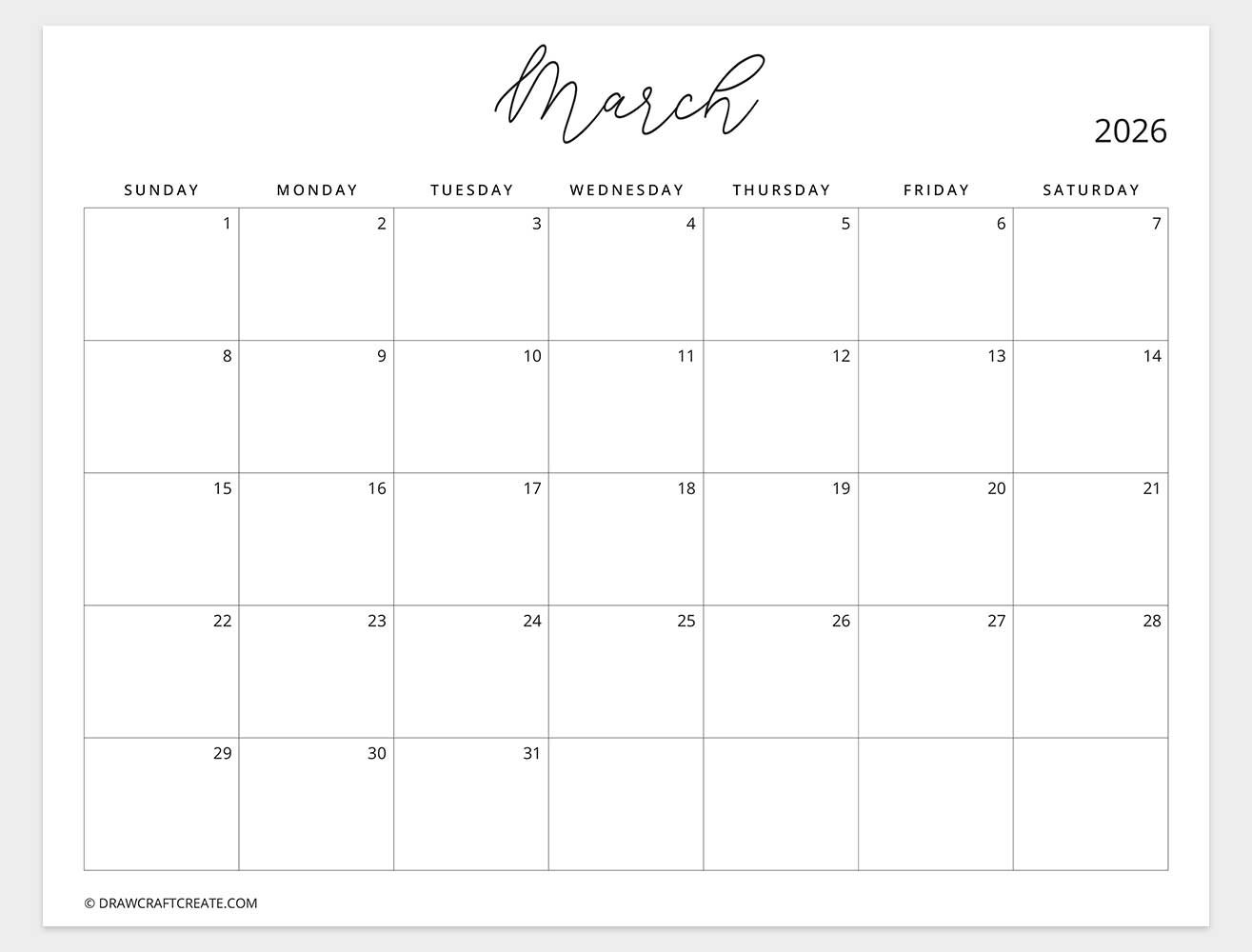 march 2026 calendar sunday start