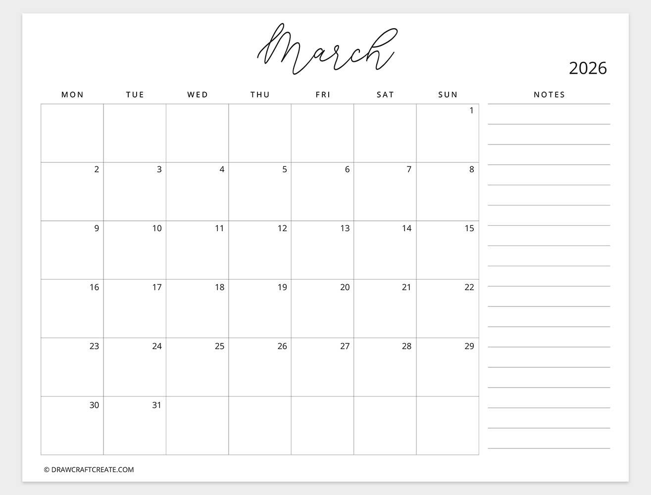 march 2026 calendar with note monday start