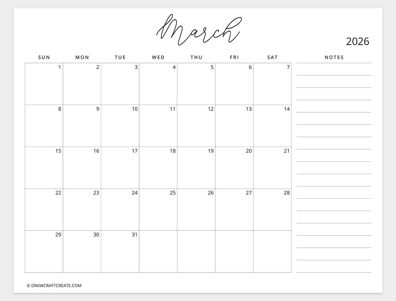 march 2026 calendar with note sunday start