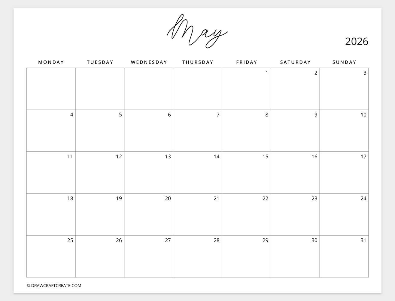 may 2026 calendar monday start