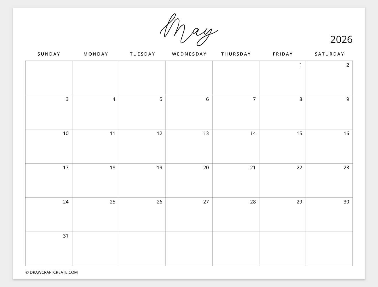 may 2026 calendar sunday start
