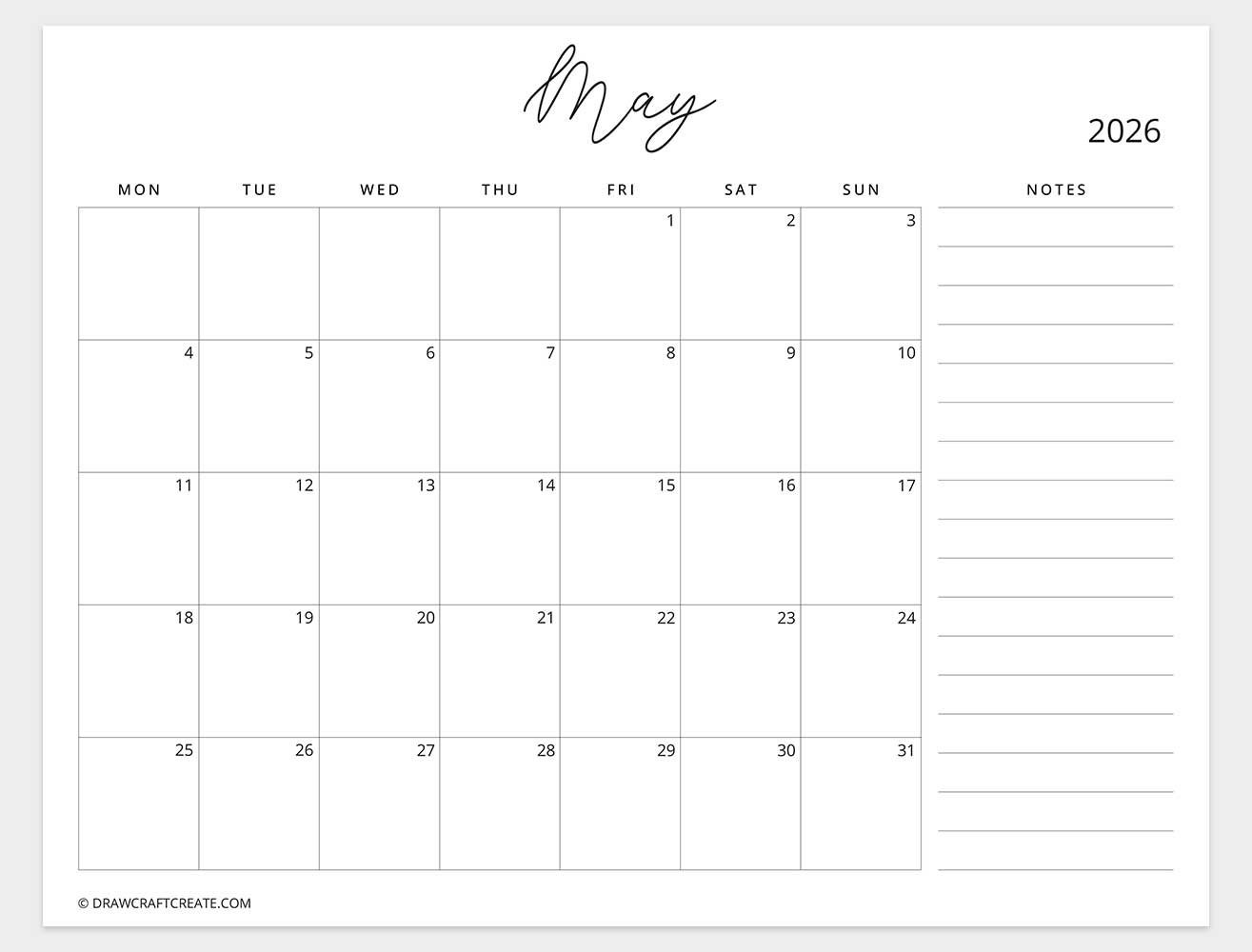 may 2026 calendar with note monday start